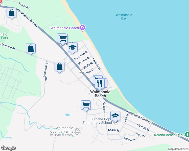 map of restaurants, bars, coffee shops, grocery stores, and more near 41-20 Manana Street in Waimānalo