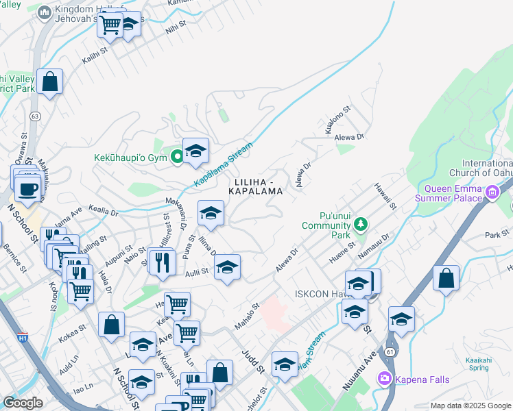 map of restaurants, bars, coffee shops, grocery stores, and more near 1389 Alewa Drive in Honolulu