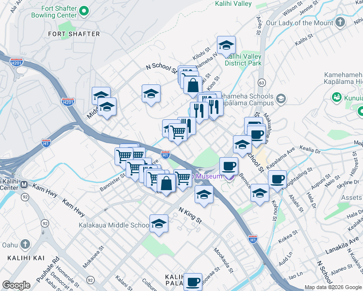 map of restaurants, bars, coffee shops, grocery stores, and more near 1307 Gulick Avenue in Honolulu