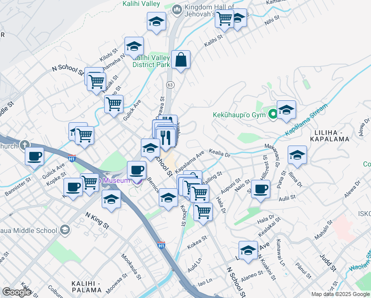 map of restaurants, bars, coffee shops, grocery stores, and more near 1592A Hanai Loop in Honolulu