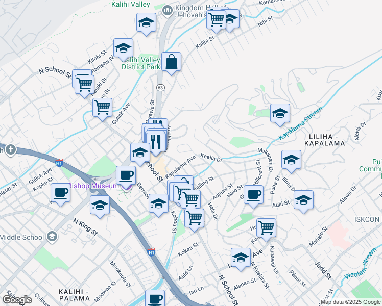 map of restaurants, bars, coffee shops, grocery stores, and more near 1508 Hanai Loop in Honolulu