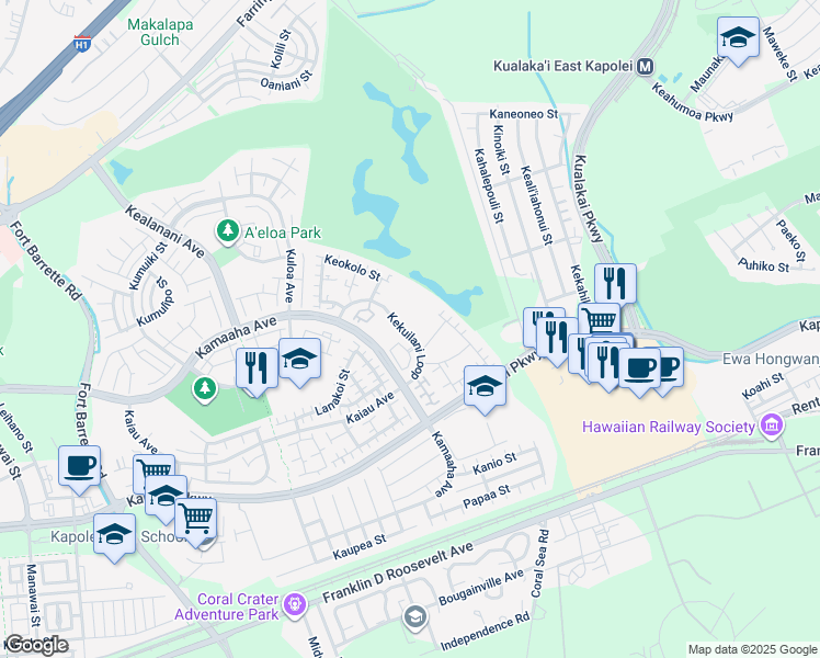 map of restaurants, bars, coffee shops, grocery stores, and more near 91-1058F Kekuilani Loop in Kapolei