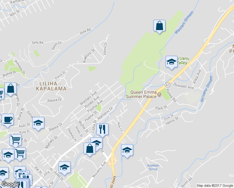 map of restaurants, bars, coffee shops, grocery stores, and more near 2714 Liliha Street in Honolulu