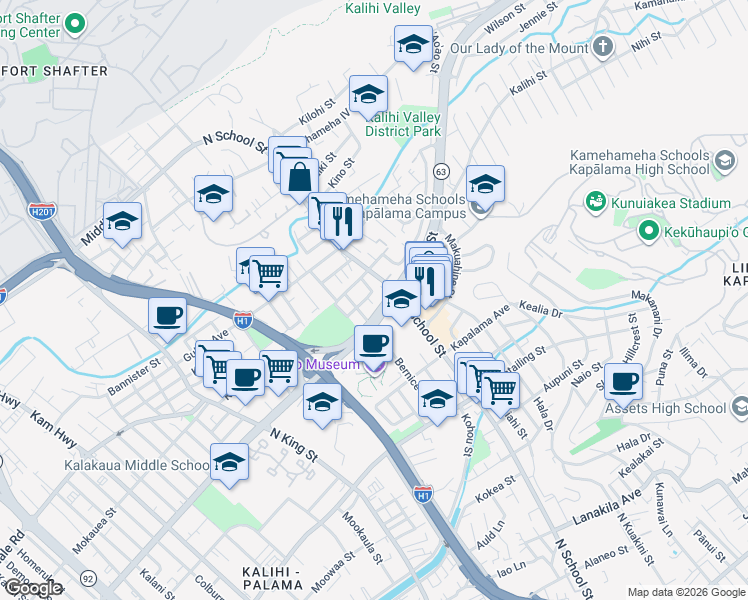 map of restaurants, bars, coffee shops, grocery stores, and more near 1525 Adelaide Street in Honolulu