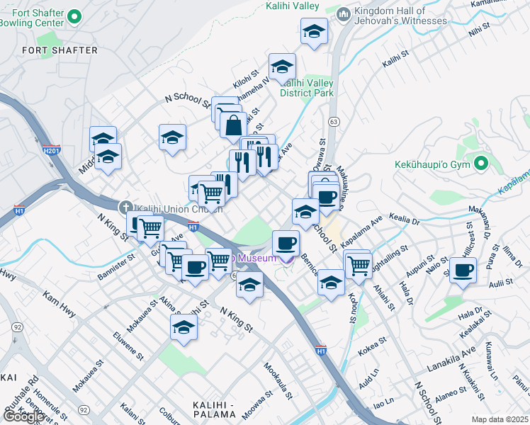 map of restaurants, bars, coffee shops, grocery stores, and more near 1441 Leilani Street in Honolulu