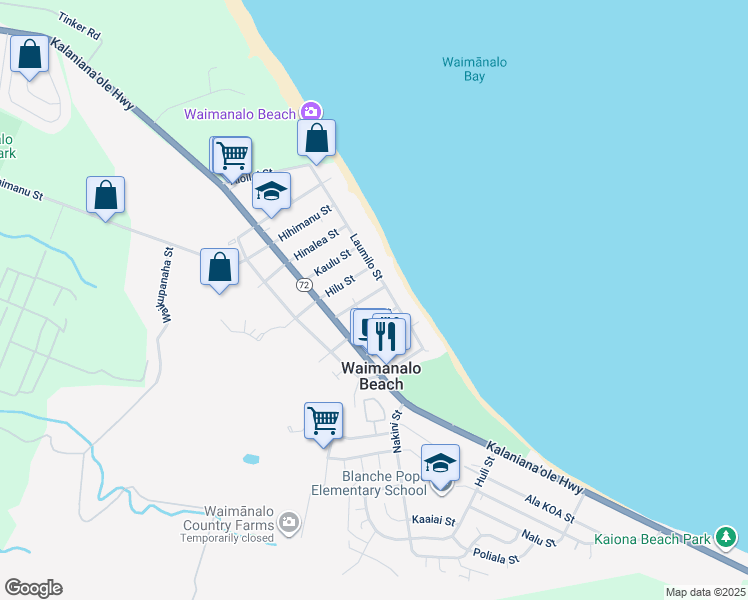 map of restaurants, bars, coffee shops, grocery stores, and more near 41-20 Manana Street in Waimanalo