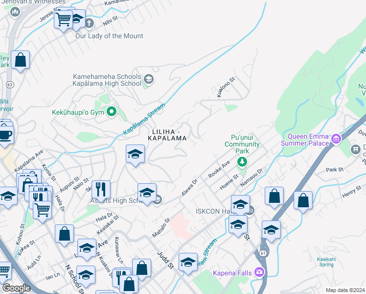 map of restaurants, bars, coffee shops, grocery stores, and more near 1370 Alewa Drive in Honolulu