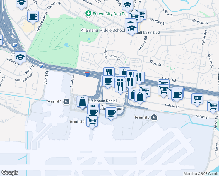 map of restaurants, bars, coffee shops, grocery stores, and more near 3375 Koapaka Street in Honolulu