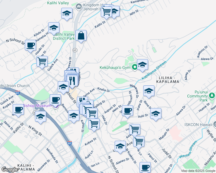 map of restaurants, bars, coffee shops, grocery stores, and more near 2125 Aupuni Street in Honolulu
