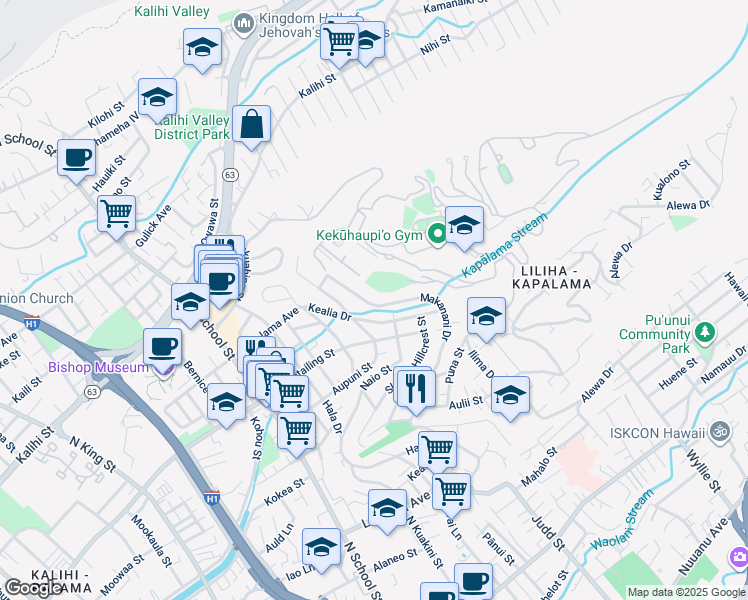 map of restaurants, bars, coffee shops, grocery stores, and more near 2324 Makanani Drive in Honolulu