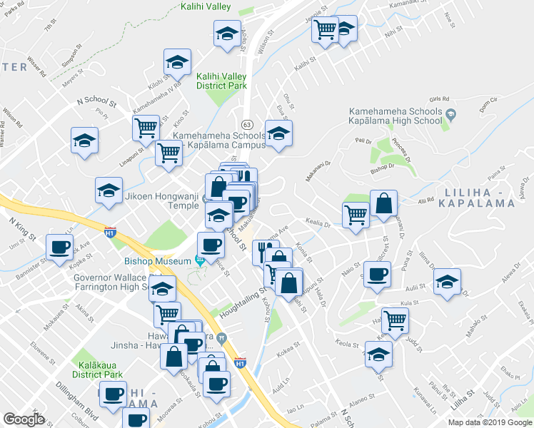 map of restaurants, bars, coffee shops, grocery stores, and more near 1605A Hanai Loop in Honolulu
