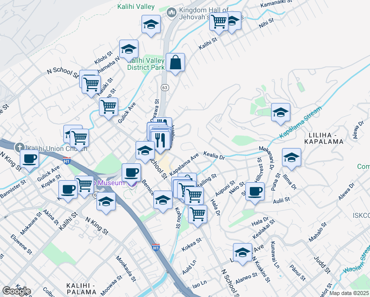 map of restaurants, bars, coffee shops, grocery stores, and more near 1605A Hanai Loop in Honolulu