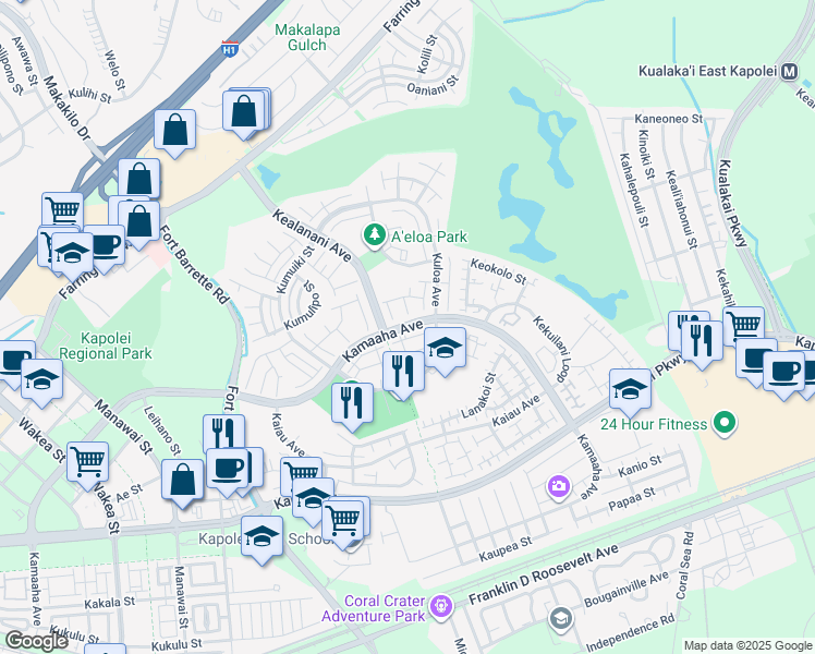 map of restaurants, bars, coffee shops, grocery stores, and more near 91-1259 Kamaaha Avenue in Kapolei