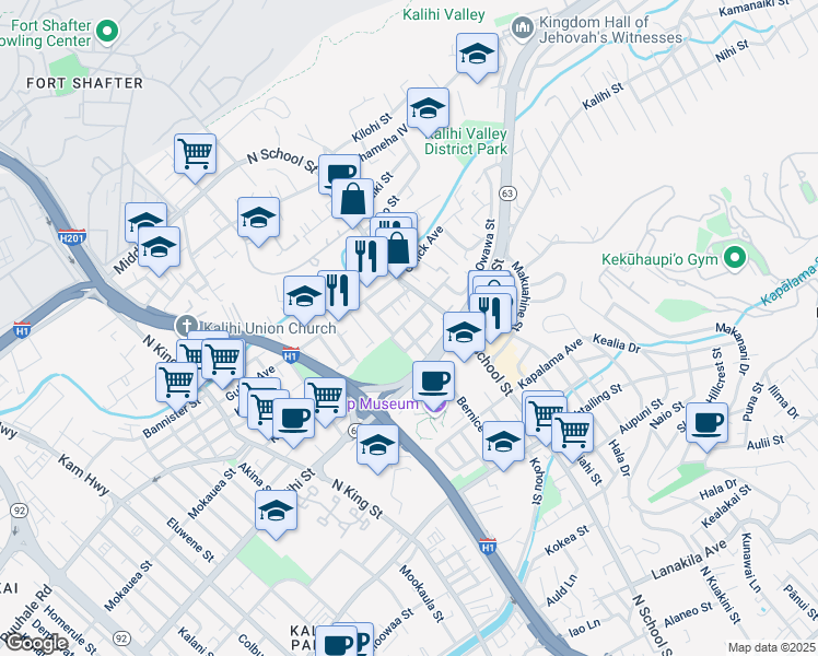 map of restaurants, bars, coffee shops, grocery stores, and more near 1441 Leilani Street in Honolulu