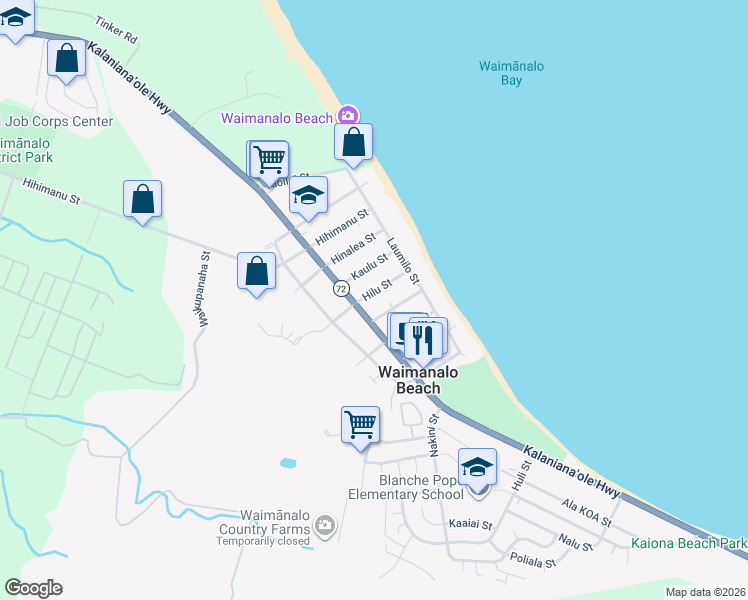 map of restaurants, bars, coffee shops, grocery stores, and more near 41-42 Hilu Street in Waimanalo