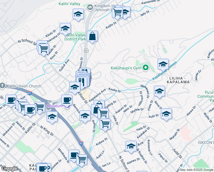 map of restaurants, bars, coffee shops, grocery stores, and more near 1508 Hanai Loop in Honolulu