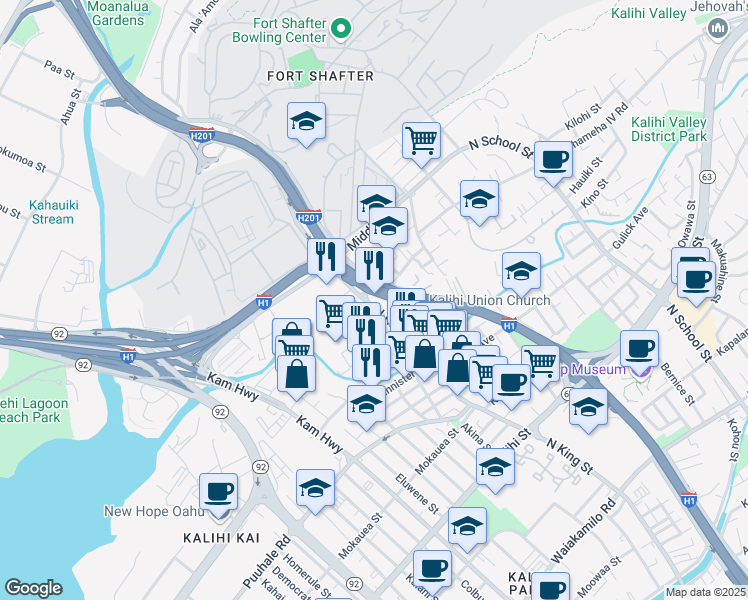 map of restaurants, bars, coffee shops, grocery stores, and more near 2310 N King St in Honolulu