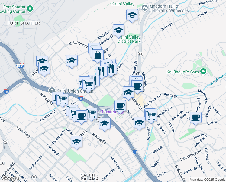 map of restaurants, bars, coffee shops, grocery stores, and more near 1441 Leilani Street in Honolulu