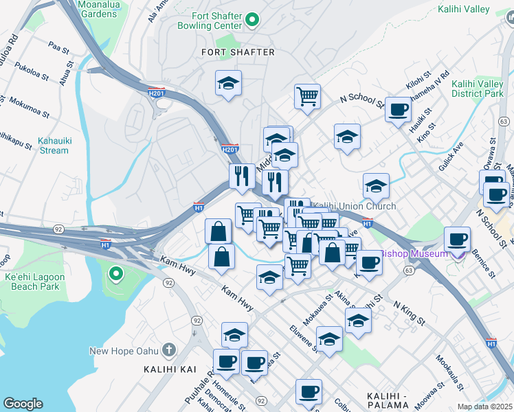 map of restaurants, bars, coffee shops, grocery stores, and more near 2310 North King Street in Honolulu