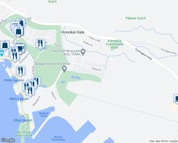 map of restaurants, bars, coffee shops, grocery stores, and more near 92-1519 Ali'inui Drive in Kapolei
