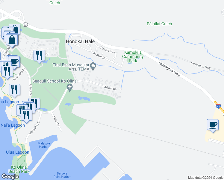 map of restaurants, bars, coffee shops, grocery stores, and more near 92-1531 Ali'inui Drive in Kapolei