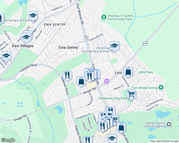map of restaurants, bars, coffee shops, grocery stores, and more near 91-1210 Kaneana Street in Ewa Beach