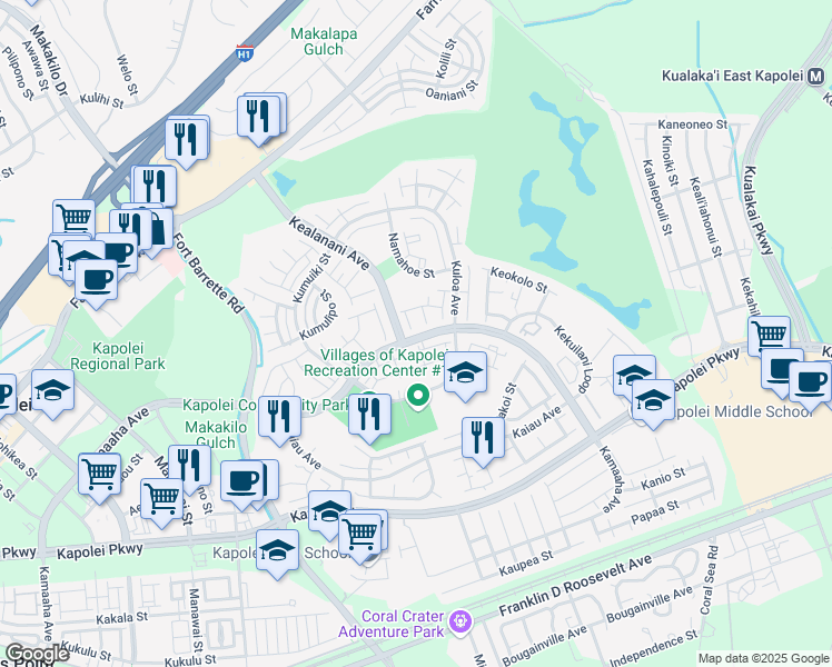 map of restaurants, bars, coffee shops, grocery stores, and more near 91-201 Peleiake Place in Kapolei