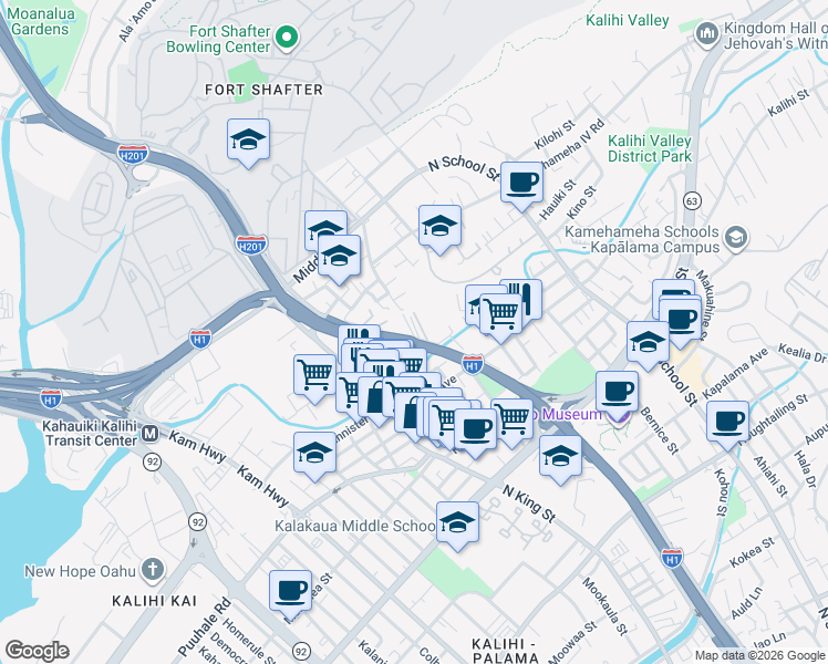 map of restaurants, bars, coffee shops, grocery stores, and more near 1218 Richard Lane in Honolulu