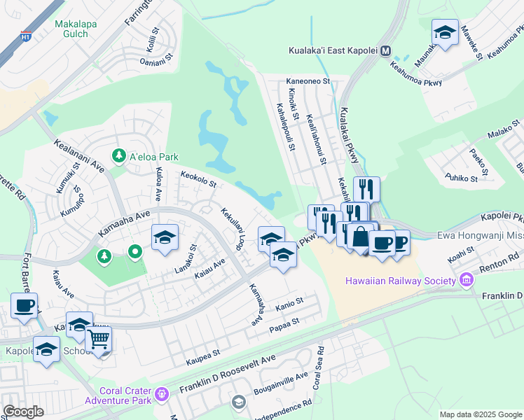 map of restaurants, bars, coffee shops, grocery stores, and more near 91-1010C Kalehuna Street in Kapolei