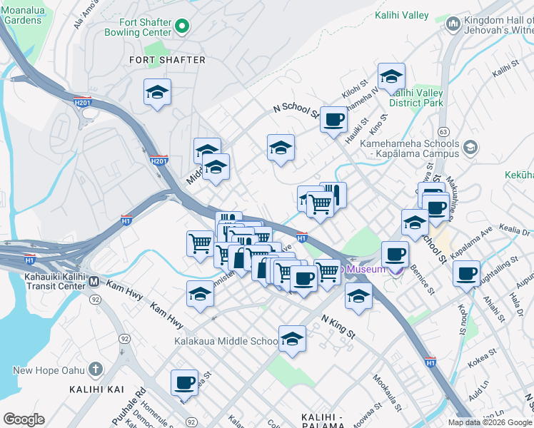 map of restaurants, bars, coffee shops, grocery stores, and more near 1218 Richard Lane in Honolulu