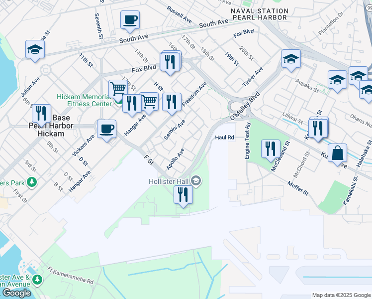 map of restaurants, bars, coffee shops, grocery stores, and more near 372 Lewahana Loop in Honolulu