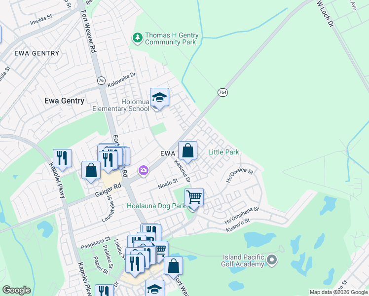 map of restaurants, bars, coffee shops, grocery stores, and more near 91-284 Makalauna Place in Ewa Beach