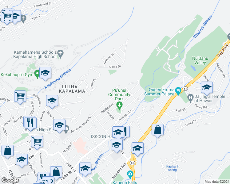 map of restaurants, bars, coffee shops, grocery stores, and more near 2601 Waolani Avenue in Honolulu