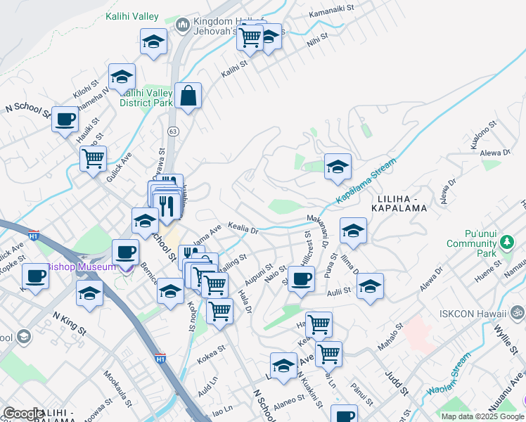 map of restaurants, bars, coffee shops, grocery stores, and more near 2125 Aupuni Street in Honolulu