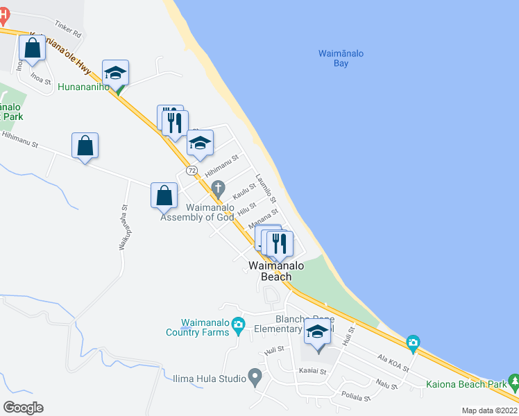 map of restaurants, bars, coffee shops, grocery stores, and more near 41-24 Hilu Street in Waimanalo