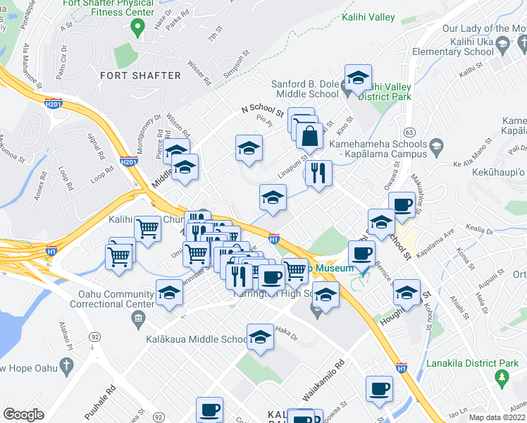 map of restaurants, bars, coffee shops, grocery stores, and more near 1260 Richard Lane in Honolulu