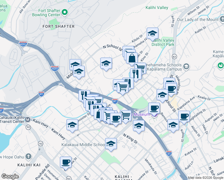 map of restaurants, bars, coffee shops, grocery stores, and more near 1240 Gulick Avenue in Honolulu