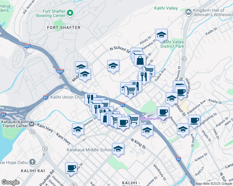 map of restaurants, bars, coffee shops, grocery stores, and more near 1260 Richard Lane in Honolulu