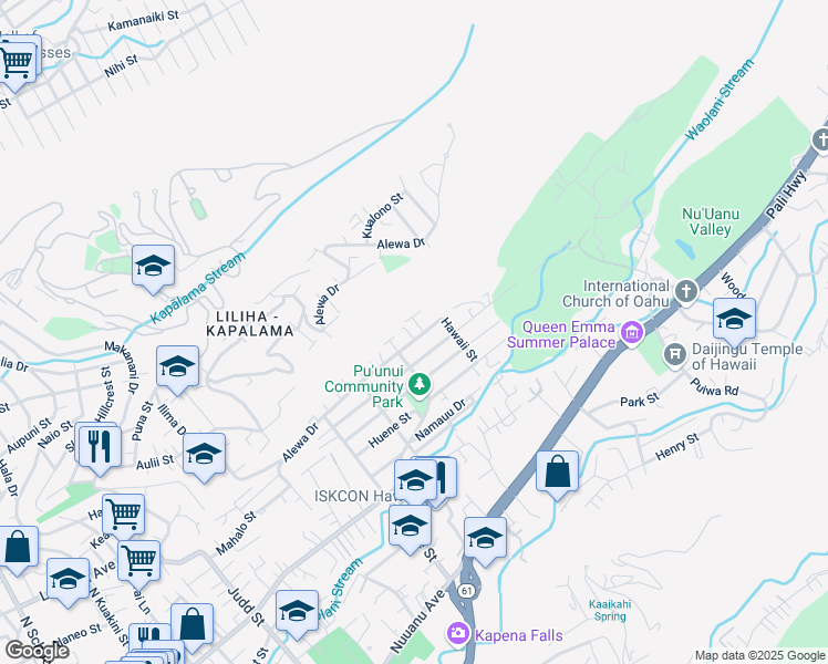 map of restaurants, bars, coffee shops, grocery stores, and more near 2601 Waolani Avenue in Honolulu
