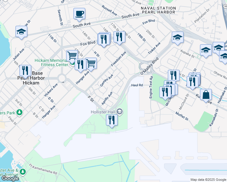 map of restaurants, bars, coffee shops, grocery stores, and more near 372 Lewahana Loop in Honolulu