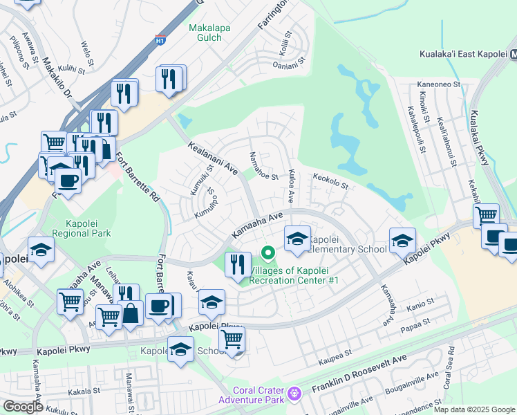 map of restaurants, bars, coffee shops, grocery stores, and more near 91-1001 Makahani Street in Kapolei