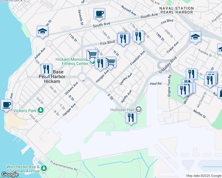map of restaurants, bars, coffee shops, grocery stores, and more near 211 Mercury Street in Honolulu