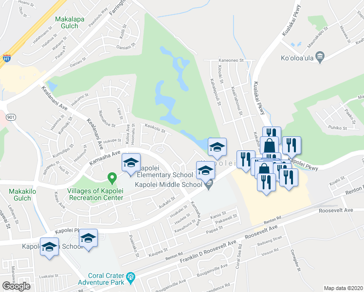 map of restaurants, bars, coffee shops, grocery stores, and more near 91-1058D Kekuilani Loop in Kapolei