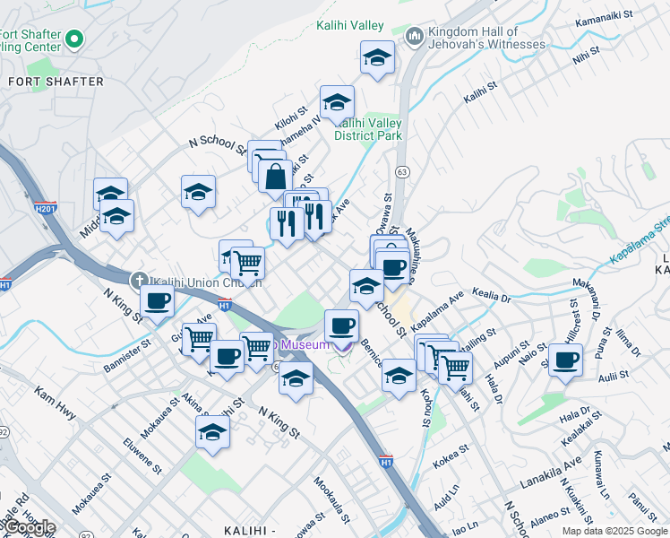 map of restaurants, bars, coffee shops, grocery stores, and more near 1611 Leilani Street in Honolulu