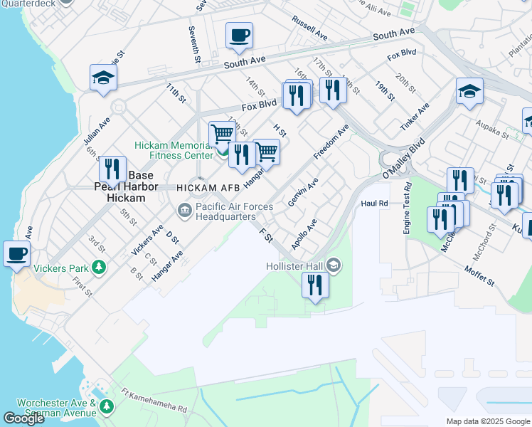 map of restaurants, bars, coffee shops, grocery stores, and more near 211 Mercury Street in Honolulu