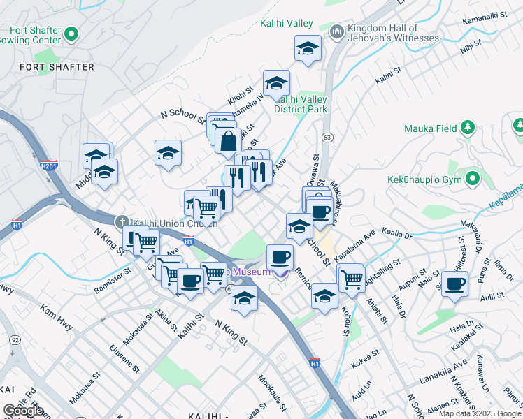 map of restaurants, bars, coffee shops, grocery stores, and more near 1518 Dement Street in Honolulu