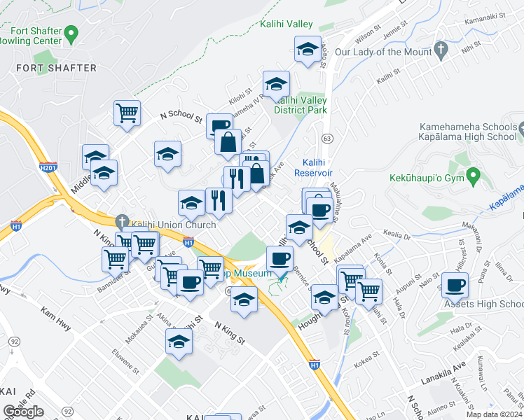 map of restaurants, bars, coffee shops, grocery stores, and more near 1511 Dement Street in Honolulu