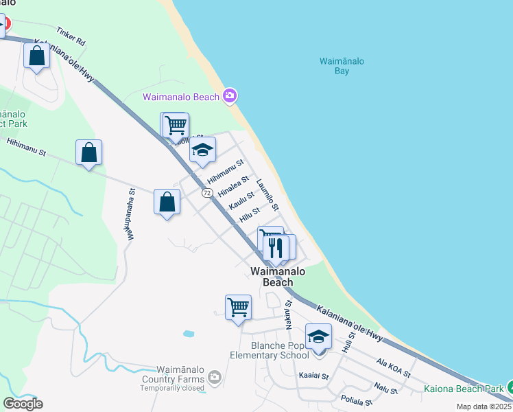 map of restaurants, bars, coffee shops, grocery stores, and more near 41-28 Kaulu Street in Waimanalo
