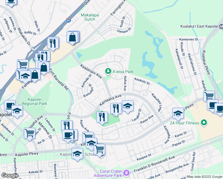 map of restaurants, bars, coffee shops, grocery stores, and more near 93 Hokupa Street in Kapolei