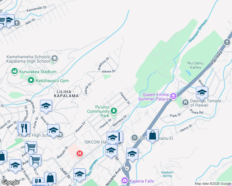 map of restaurants, bars, coffee shops, grocery stores, and more near 746 Hawaii Street in Honolulu